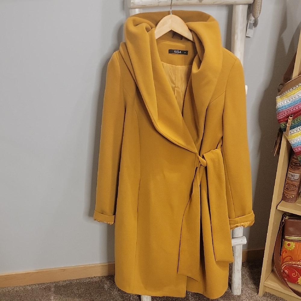 Mustard Yellow Hooded Wrap Coat